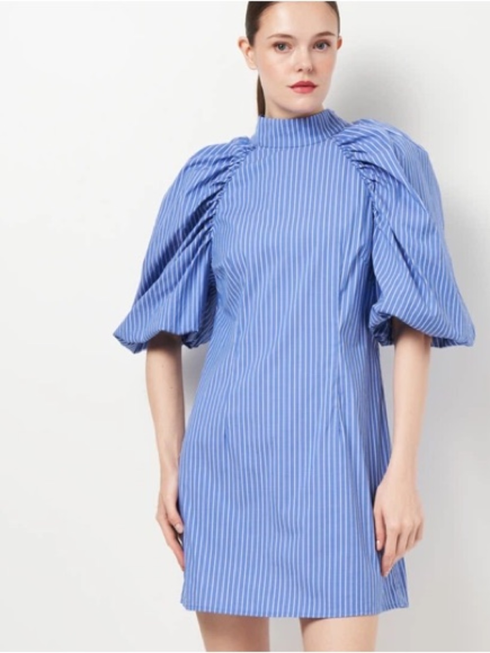 H&M| NEW Blue & White Stripe Puff-Sleeve Mock Neck Mini Dress Sz L NWT